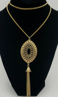 26" gold chain boho style oval fringe pendant