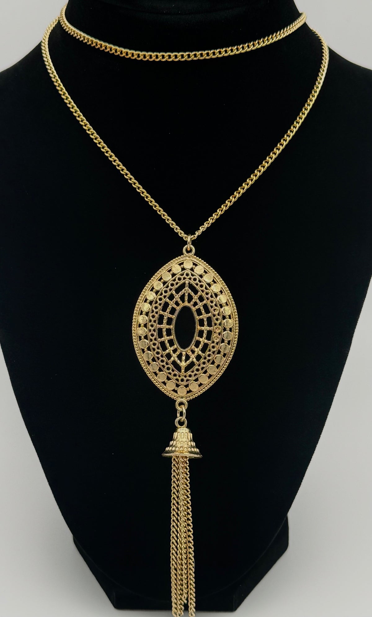 26" gold chain boho style oval fringe pendant