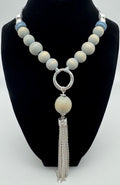 32" silver tone chain with wood beads grey blue