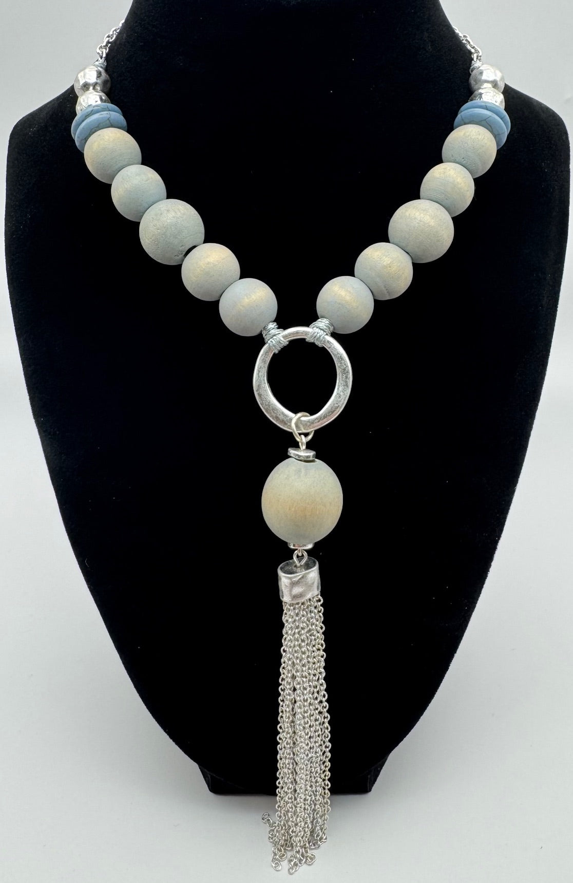 32" silver tone chain with wood beads grey blue