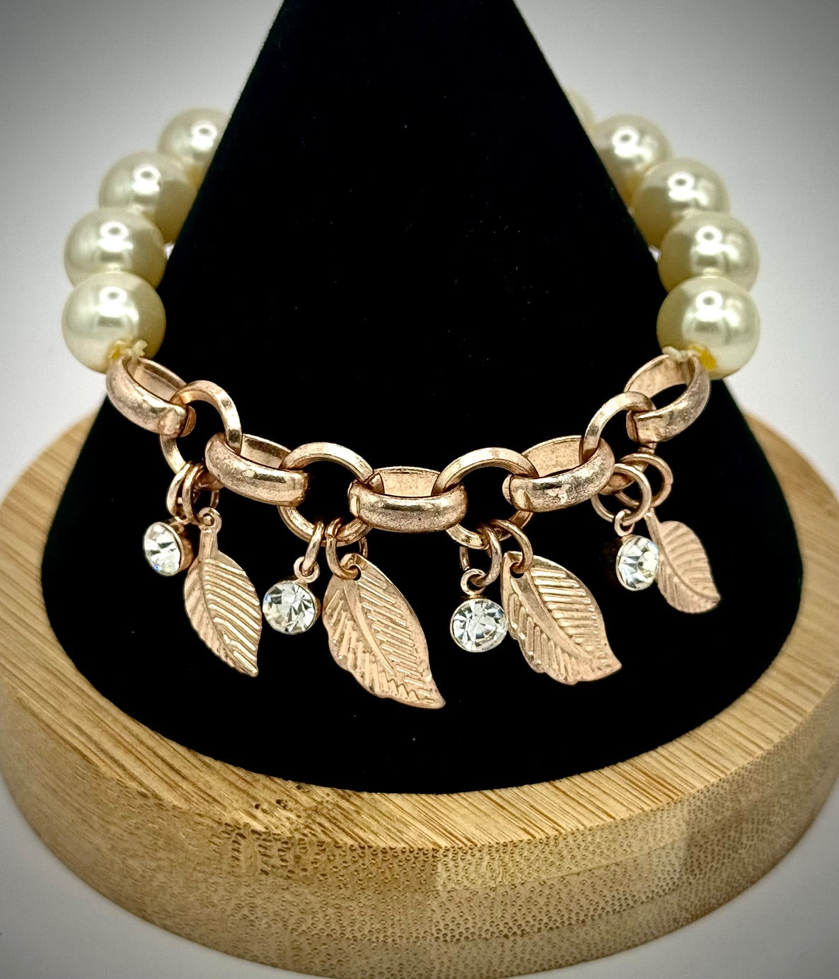 gold tone fake pearl leaf rhinestone bracelet
