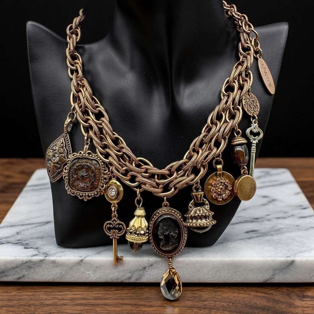 15" chico's copper tone necklace 2 strand with charms